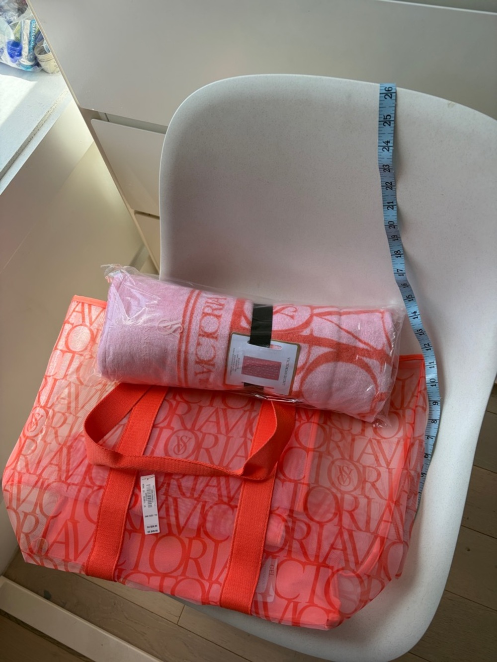Victoria's Secret Coral & Pink Logo Tote with Matching Beach Towel